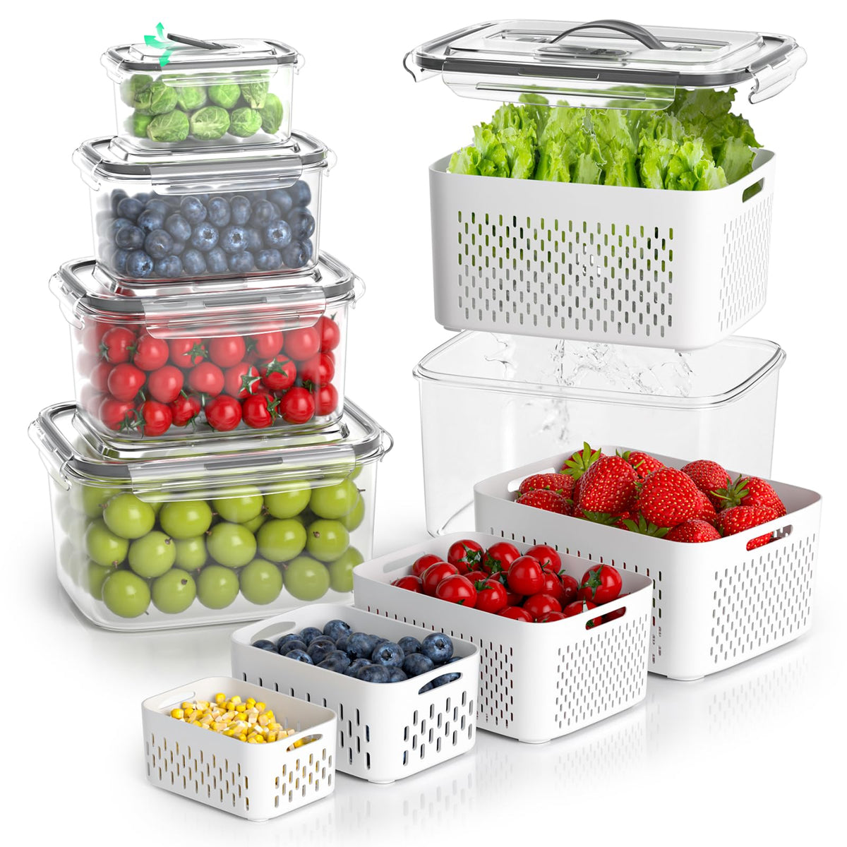 BOICHU front view of clear container set showing sizes and lids, organized storage benefit