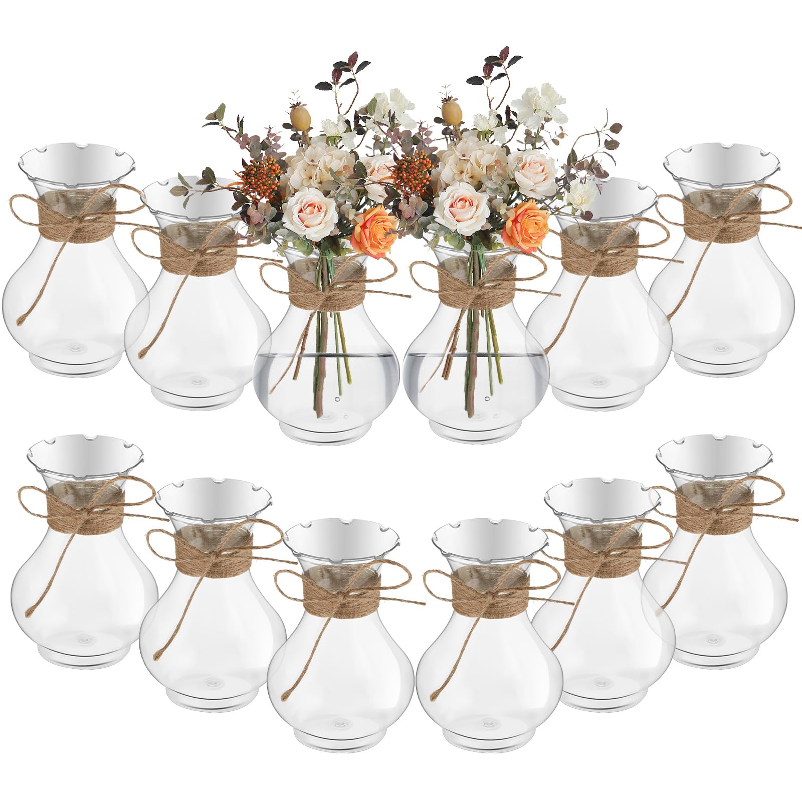 Bokon front view of 12-piece pack showing clear plastic vases and vintage shape for easy styling