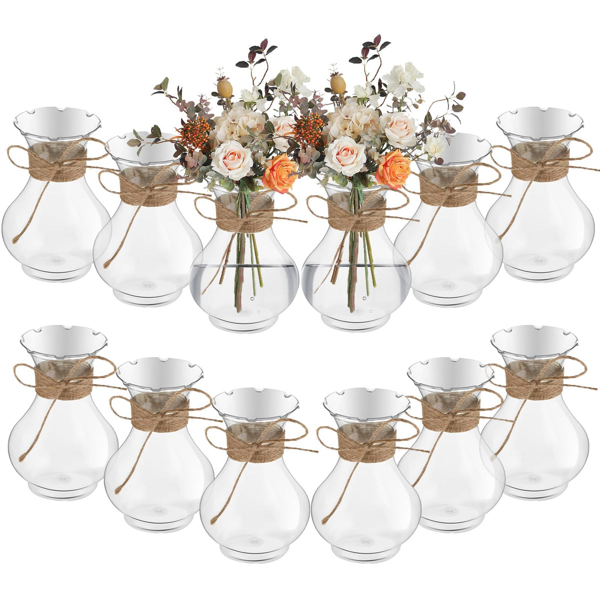 Bokon front view of 12-piece pack showing clear plastic vases and vintage shape for easy styling