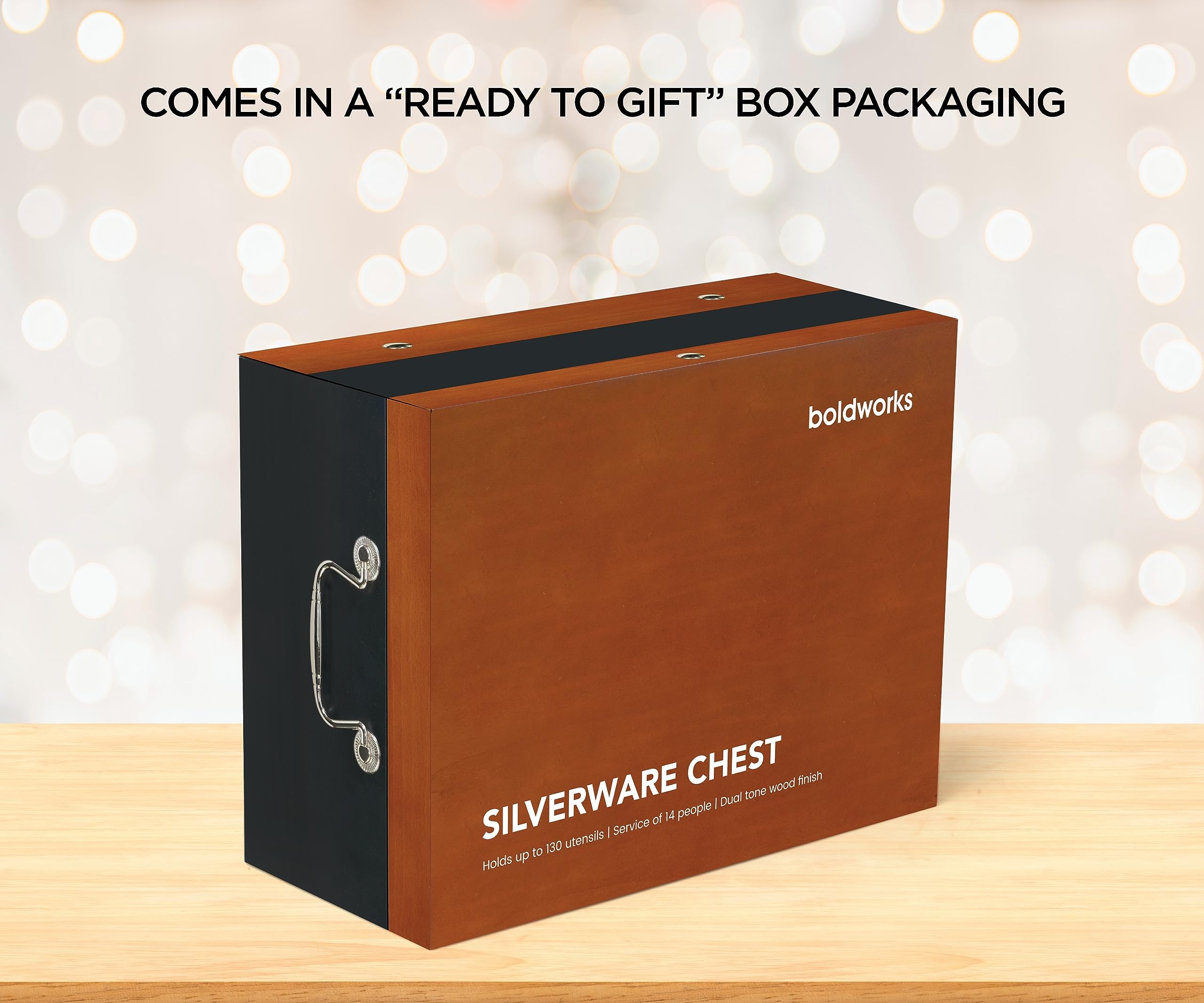 boldworks chest on dining table displaying stylish storage and presentation benefit