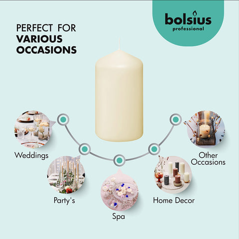 BOLSIUS ivory pillar seated in ceramic holder, creating a polished table accent