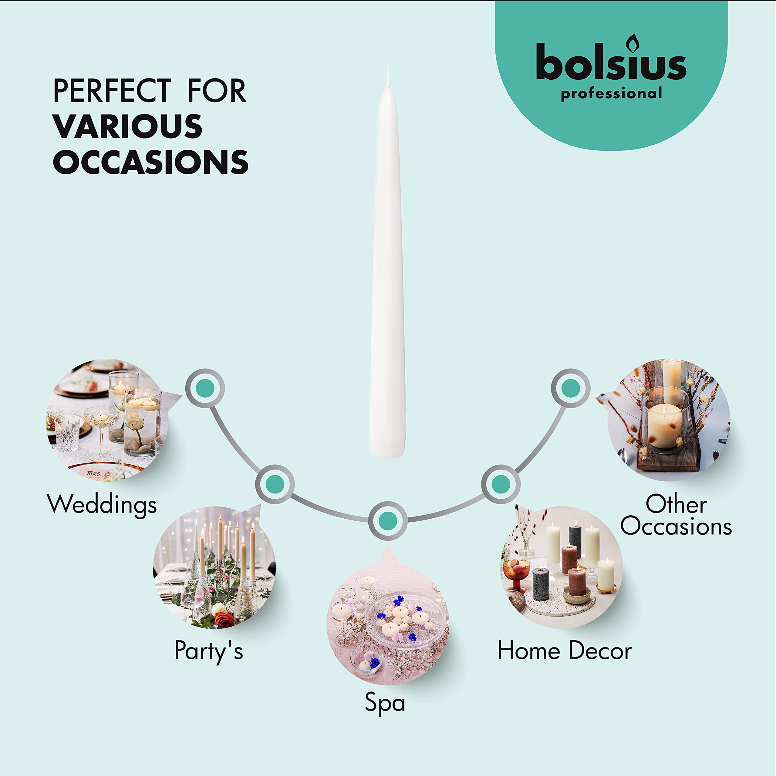 BOLSIUS candles in holders promoting stable, dripless presentation on table
