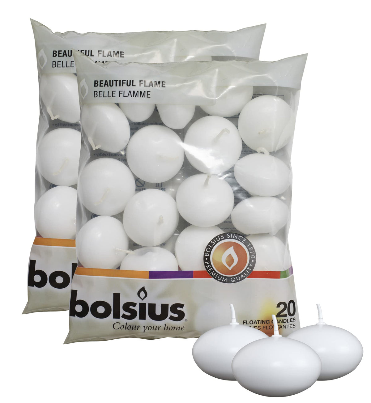 Bolsius pack front showing 40 white floating candles and neat packaging benefit