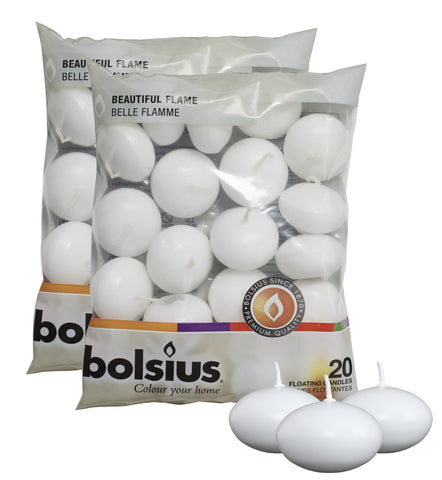 Bolsius pack front showing 40 white floating candles and neat packaging benefit