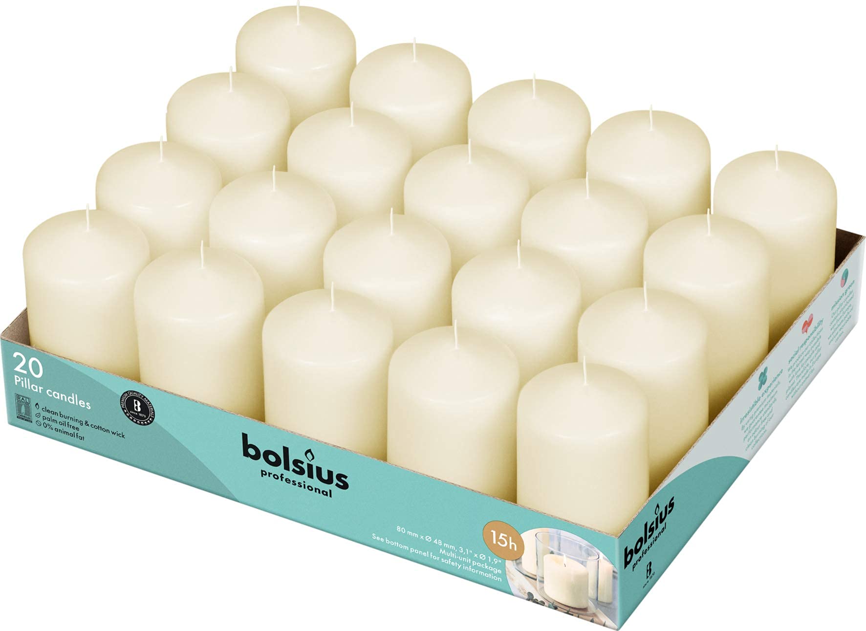 Bolsius 20-pack front packaging showing ivory pillars and quantity for easy selection