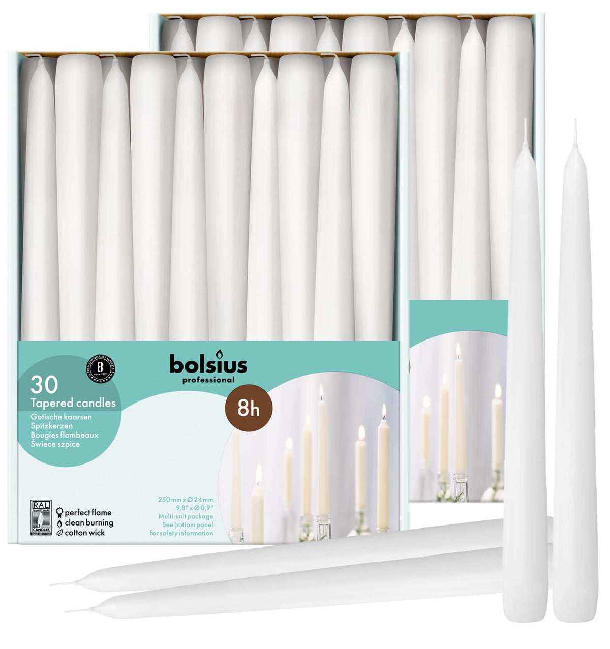 BOLSIUS front packaging of 60 white taper candles showing value pack and clean presentation