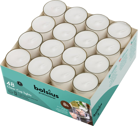 BOLSIUS front packaging showing 48 clear-cup tea lights and value