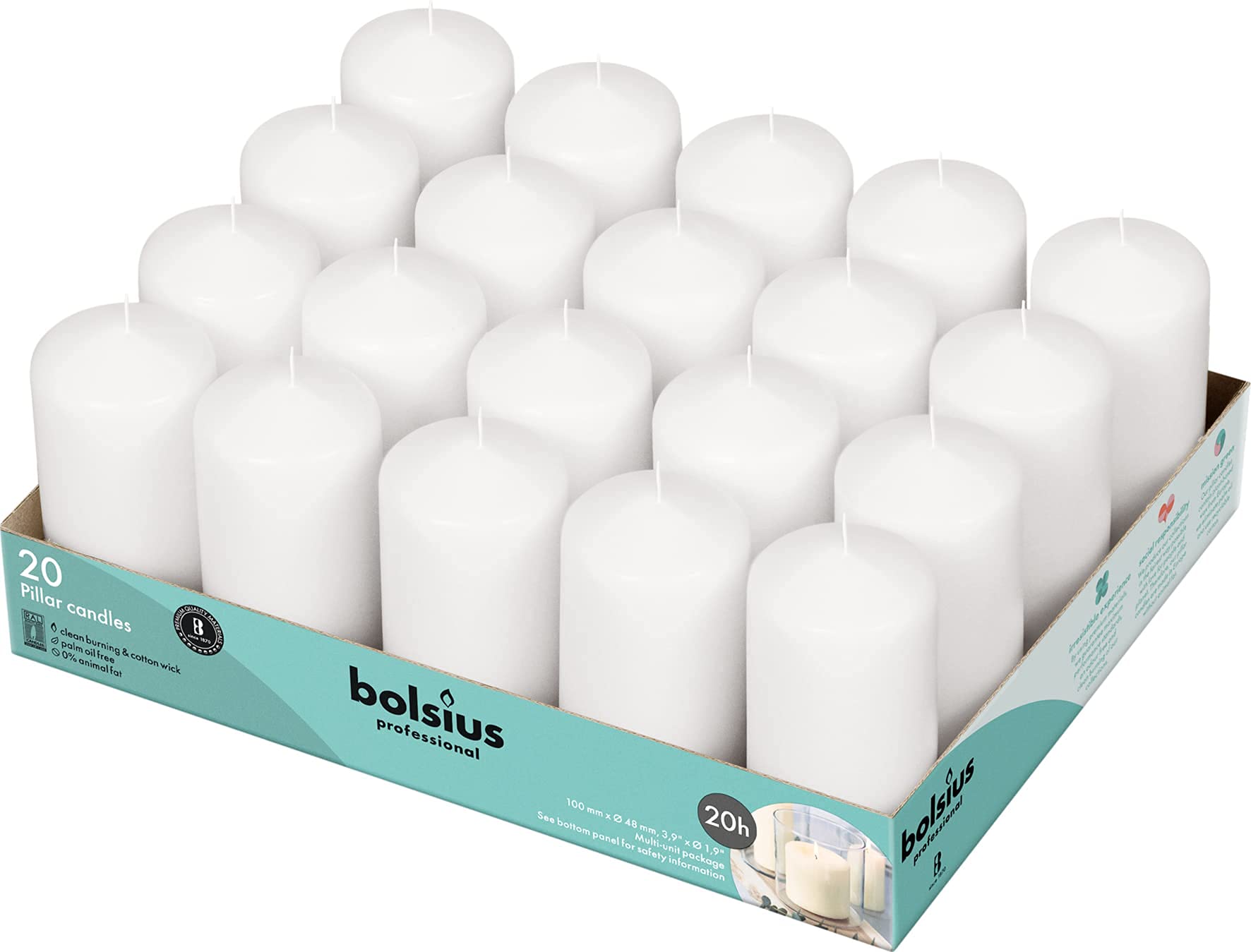 BOLSIUS front view of 20-pack white pillar candles showing neat packaging and quantity