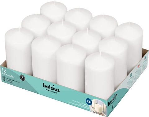BOLSIUS front packaging showing 12 white pillar candles and value pack benefit