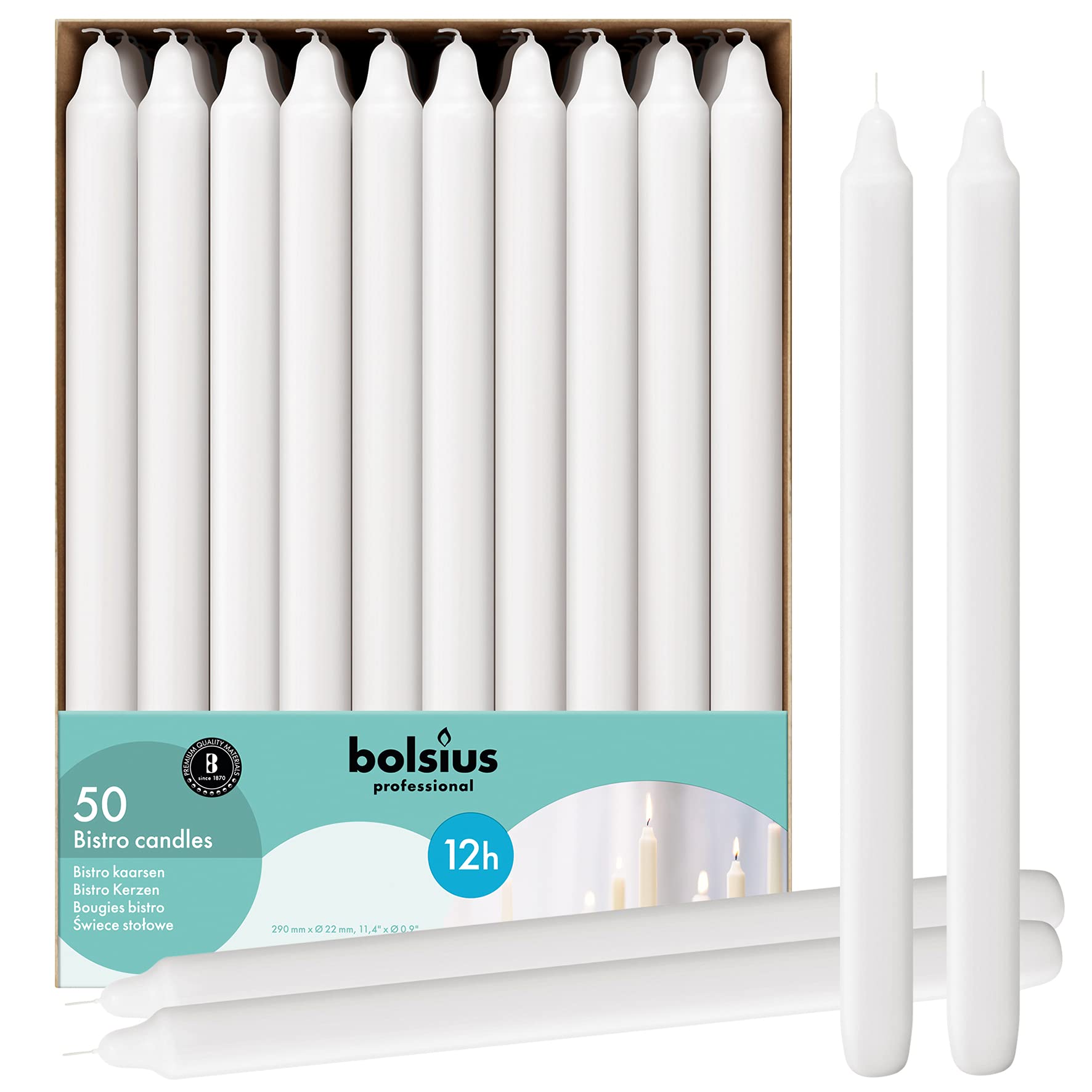 BOLSIUS front packaging of 50 white dripless candlesticks, showing quantity benefit