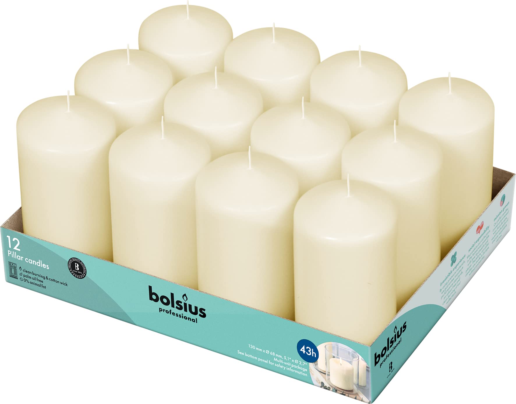 BOLSIUS front packaging showing 12 ivory pillars and tidy box, reliable event supply