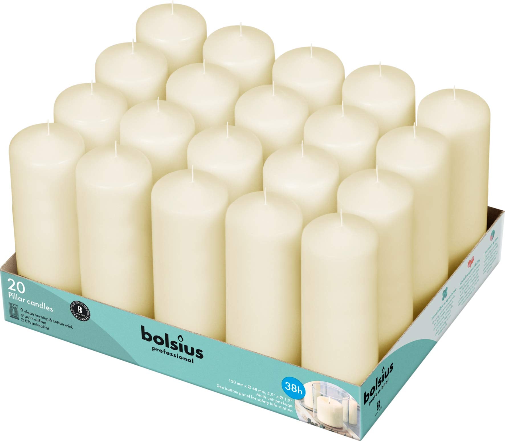 Bolsius ivory pillars front packaging shows neat 20-pack and clear labeling benefit: easy selection