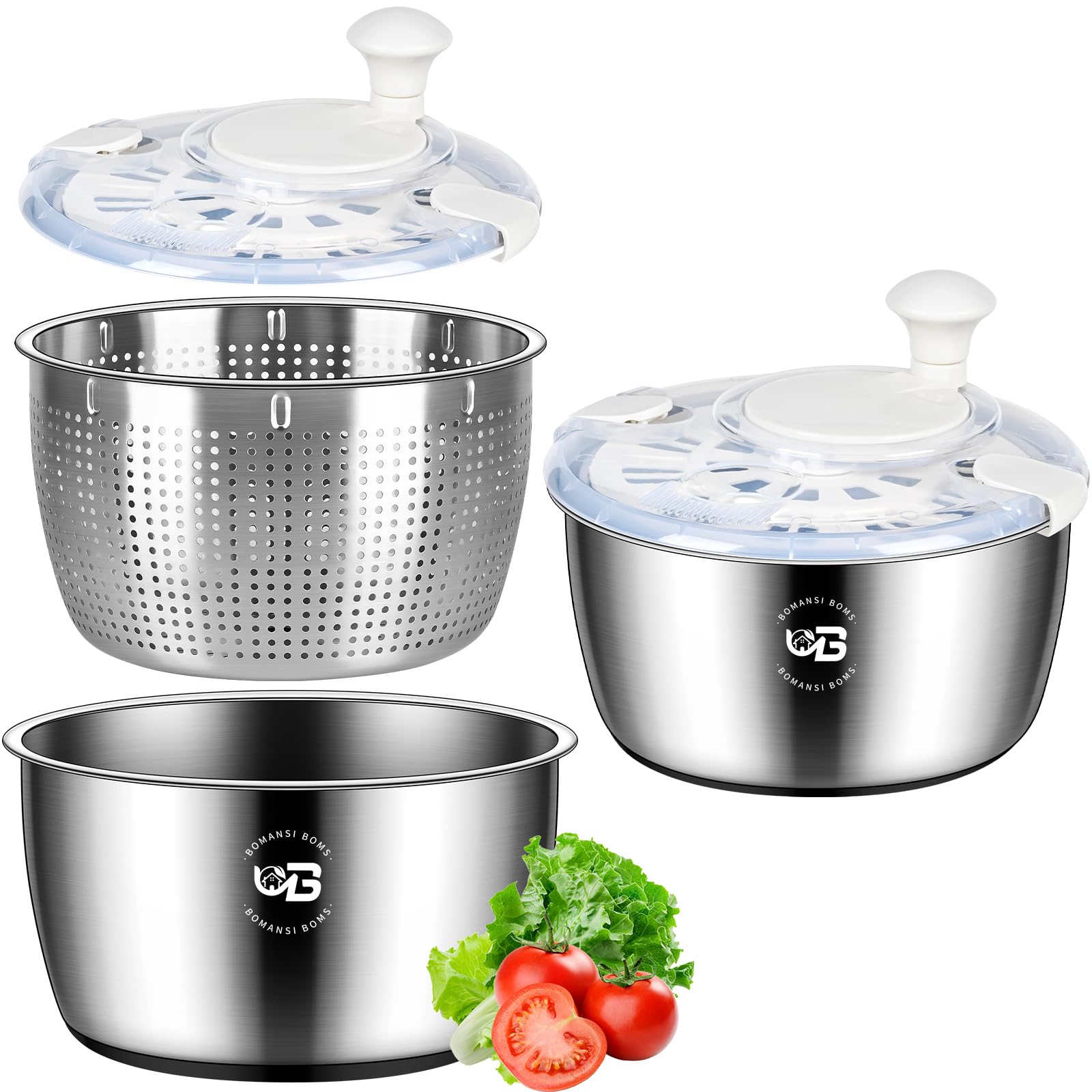 BOMANSI BOMS front view stainless steel spinner showing durable bowl and lid for long-lasting use