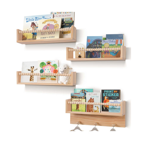 BOMID front view shelf set showing warm burlywood finish and tidy storage