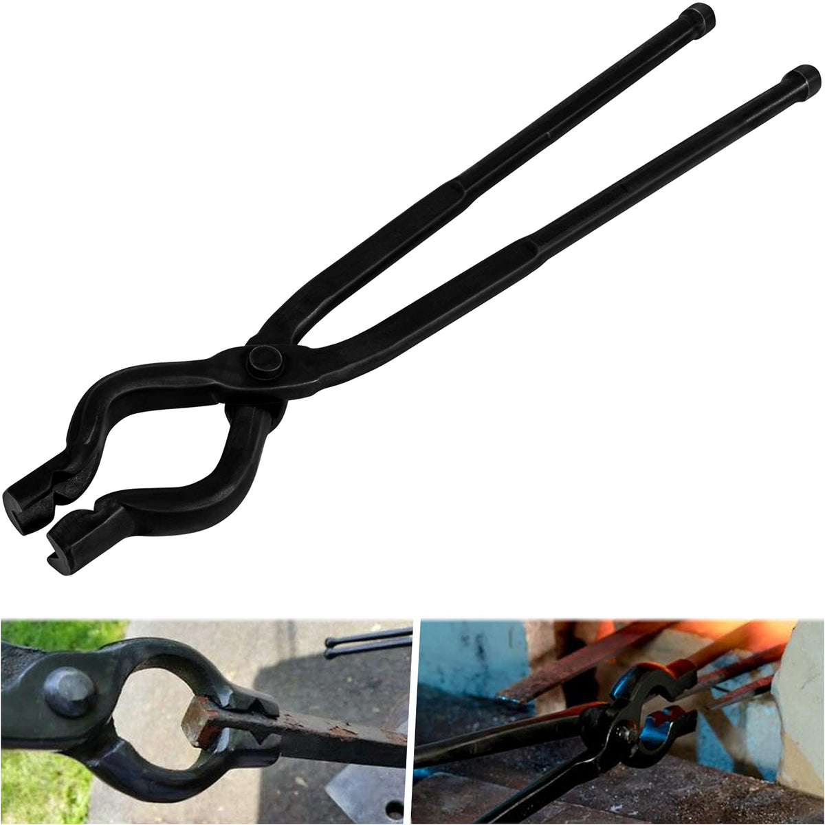 Bonbo 17-inch tongs front view showing strong wolf-jaw grip for secure forging