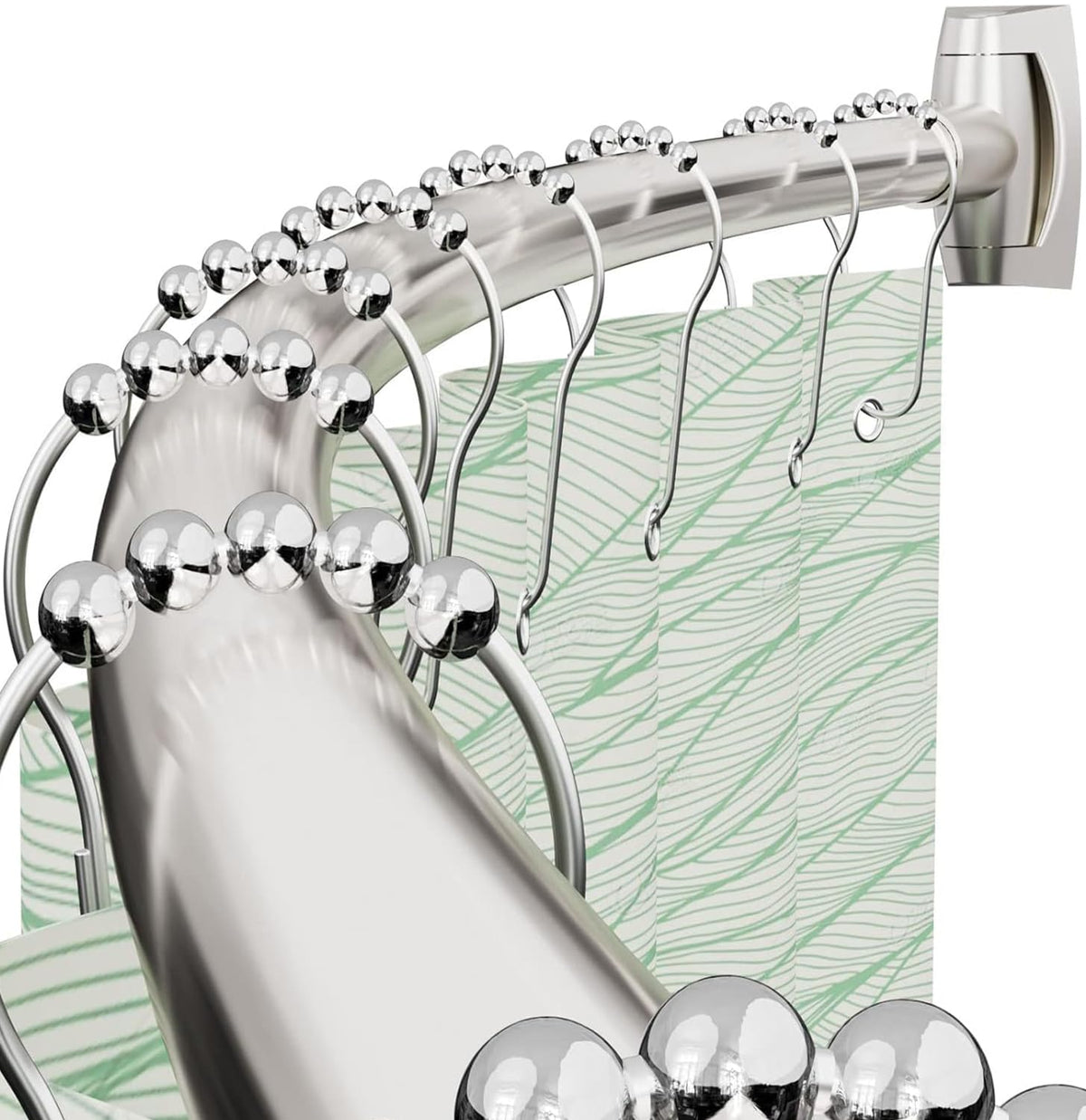 Bonpally curved shower rod front view showing sleek rust‑proof finish and extra space