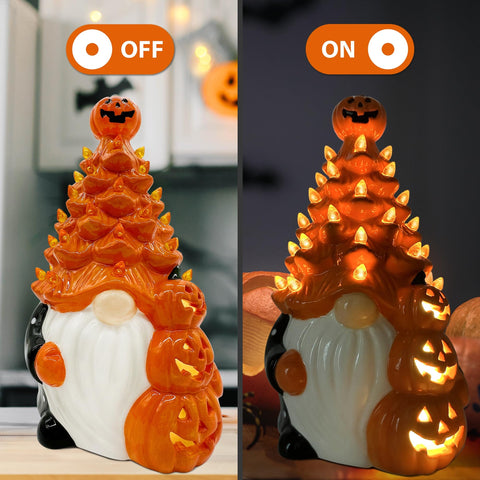 Bonsai Tree gnome detail showing carved features and decorative pumpkin elements