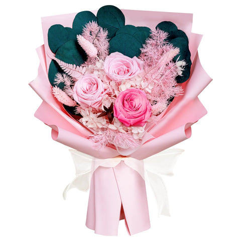 Bonsion front view of preserved pink rose bouquet showing arrangement and presentation benefit