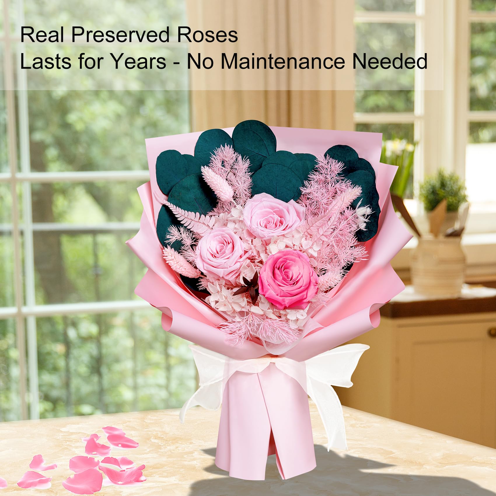 Bonsion bouquet held in hand for scale showing 14-inch size and gifting convenience