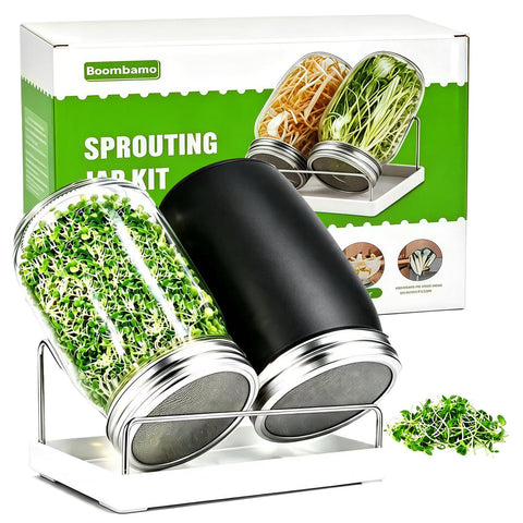 Boombamo front view showing two jars and kit components for easy sprouting