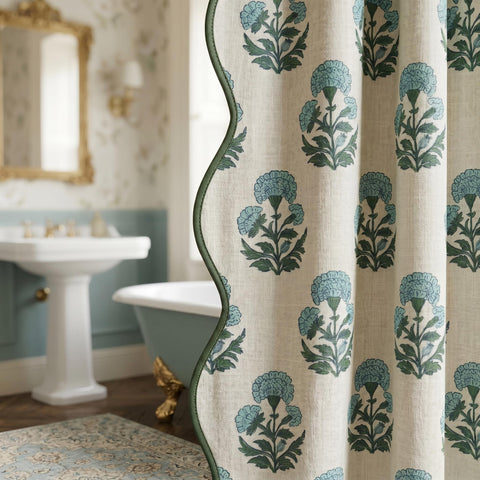 Boomkin front view of scalloped shower curtain showing full pattern and color benefits
