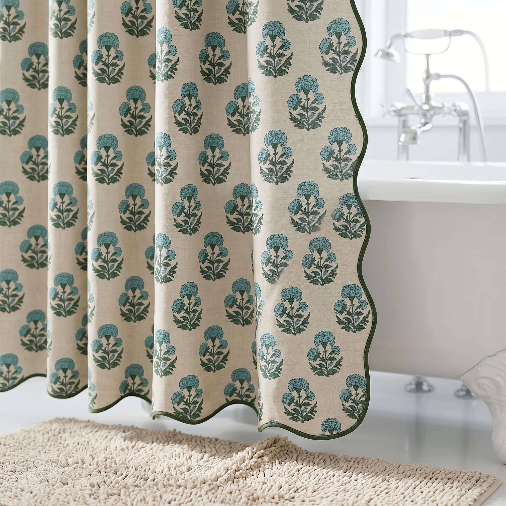 Boomkin curtain beside tub for scale showing full 72x72 fit benefit