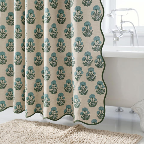 Boomkin curtain beside tub for scale showing full 72x72 fit benefit
