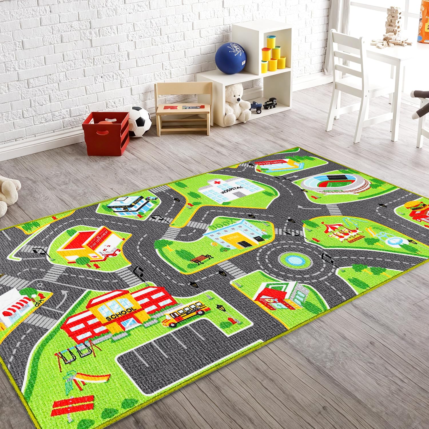 Booooom Jackson front view of city road rug showing clear map and calm colors for play