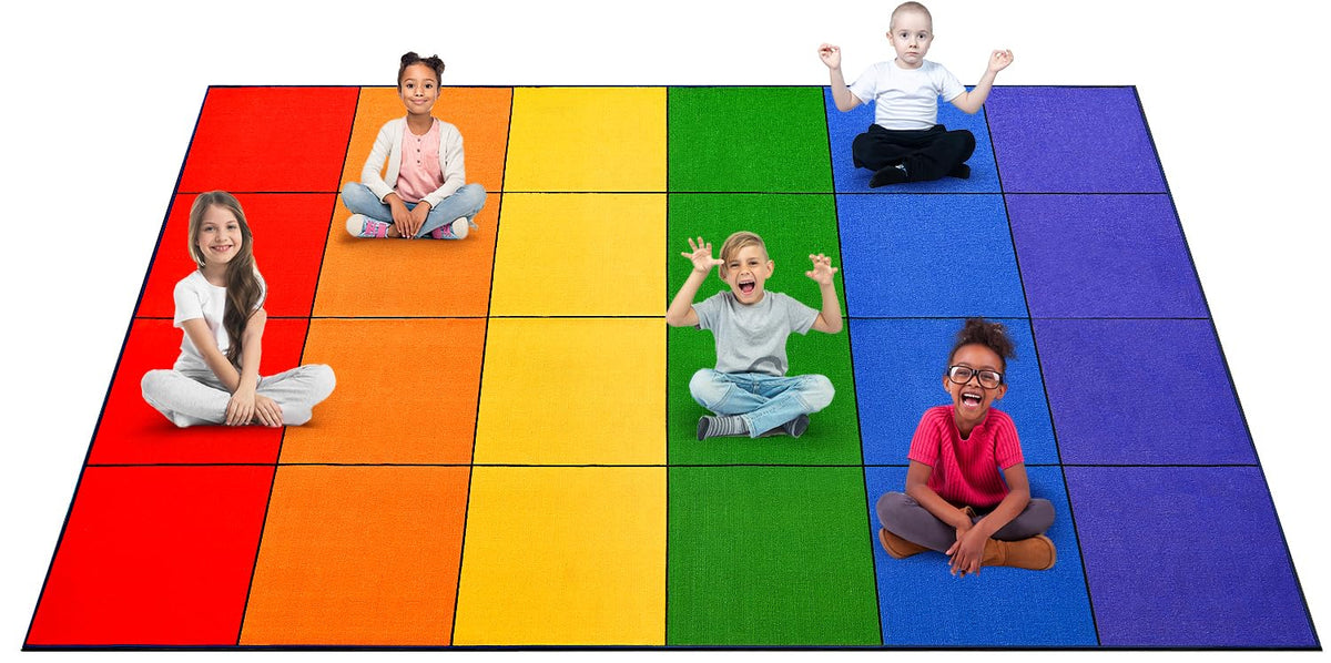 Booooom Jackson front view of rainbow classroom rug showing vibrant colors and seating squares for organization