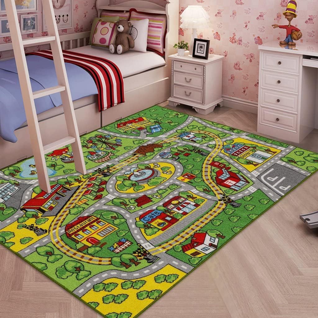 Booooom Jackson front view of city-and-train rug showing bright roads and tracks for imaginative play