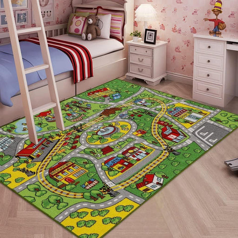 Booooom Jackson front view of city-and-train rug showing bright roads and tracks for imaginative play