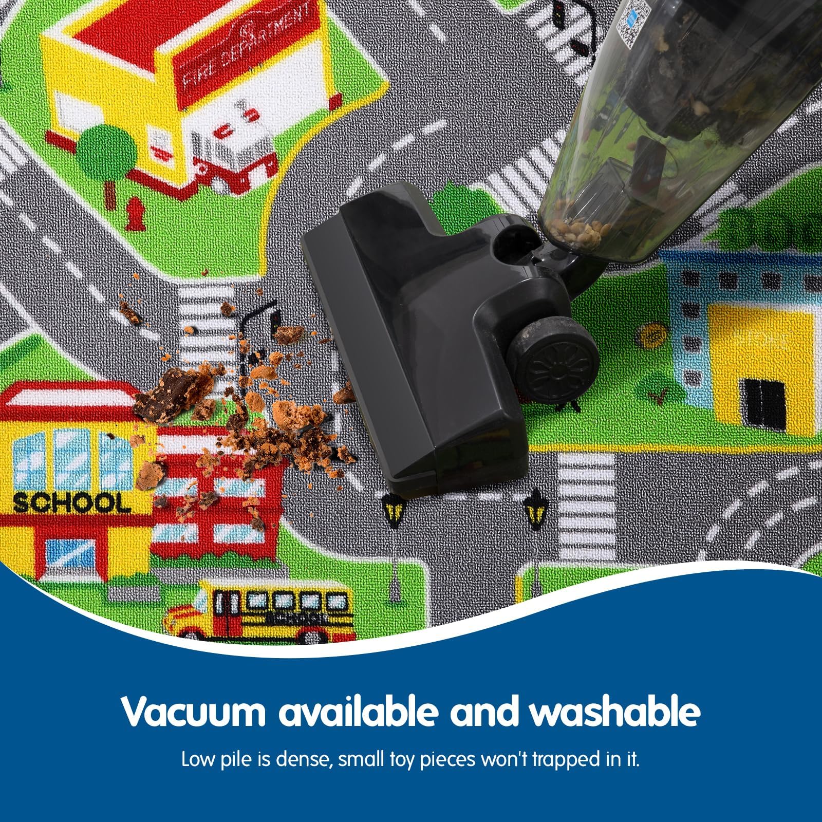 Booooom Jackson rug in playroom with toddlers using toy cars for imaginative play