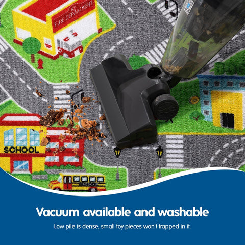 Booooom Jackson rug in playroom with toddlers using toy cars for imaginative play