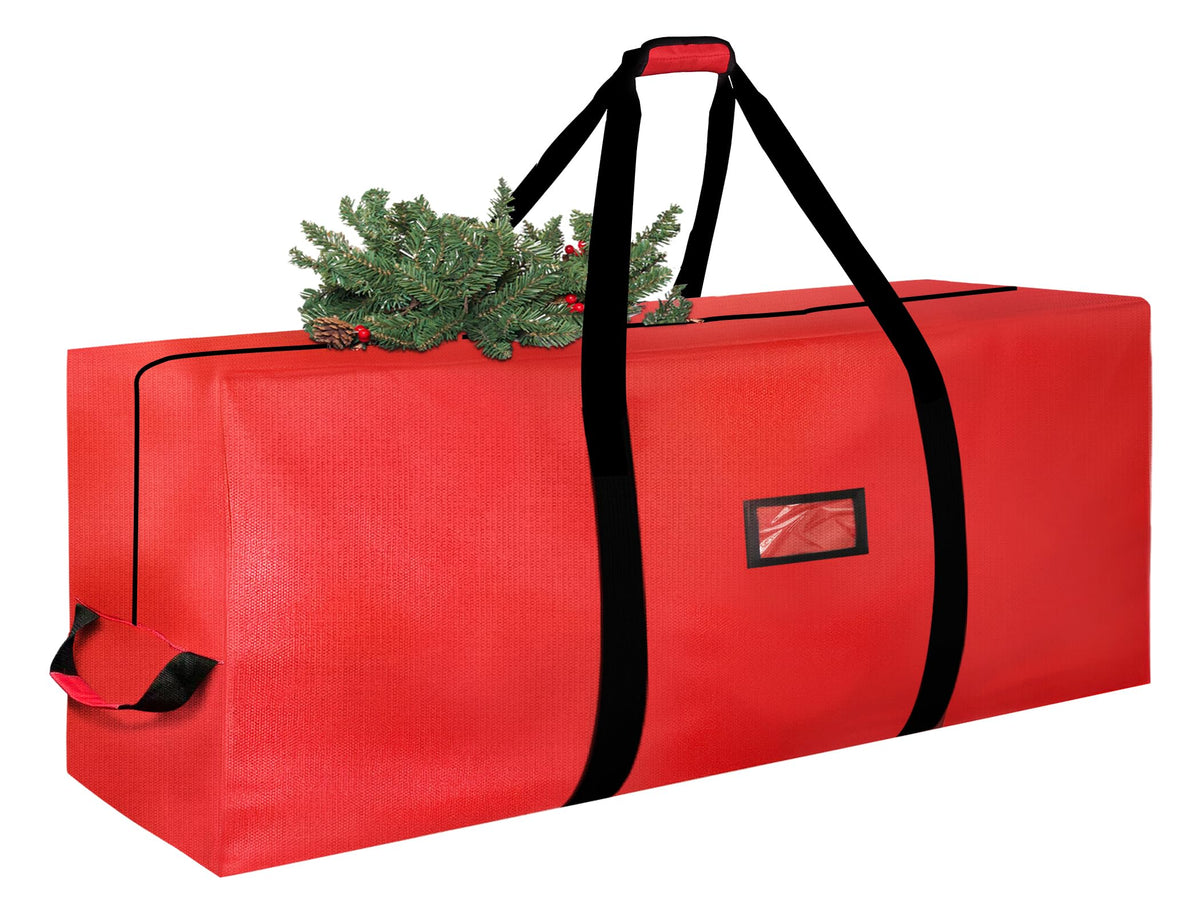 BOOPNEW front view of red 9ft tree bag showing full-length zipper and bright color benefit protection