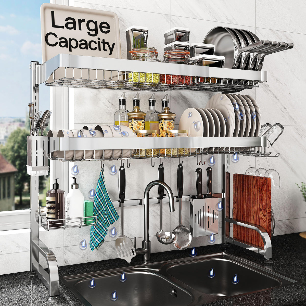 BOOSINY front view over sink rack showing space saving benefit