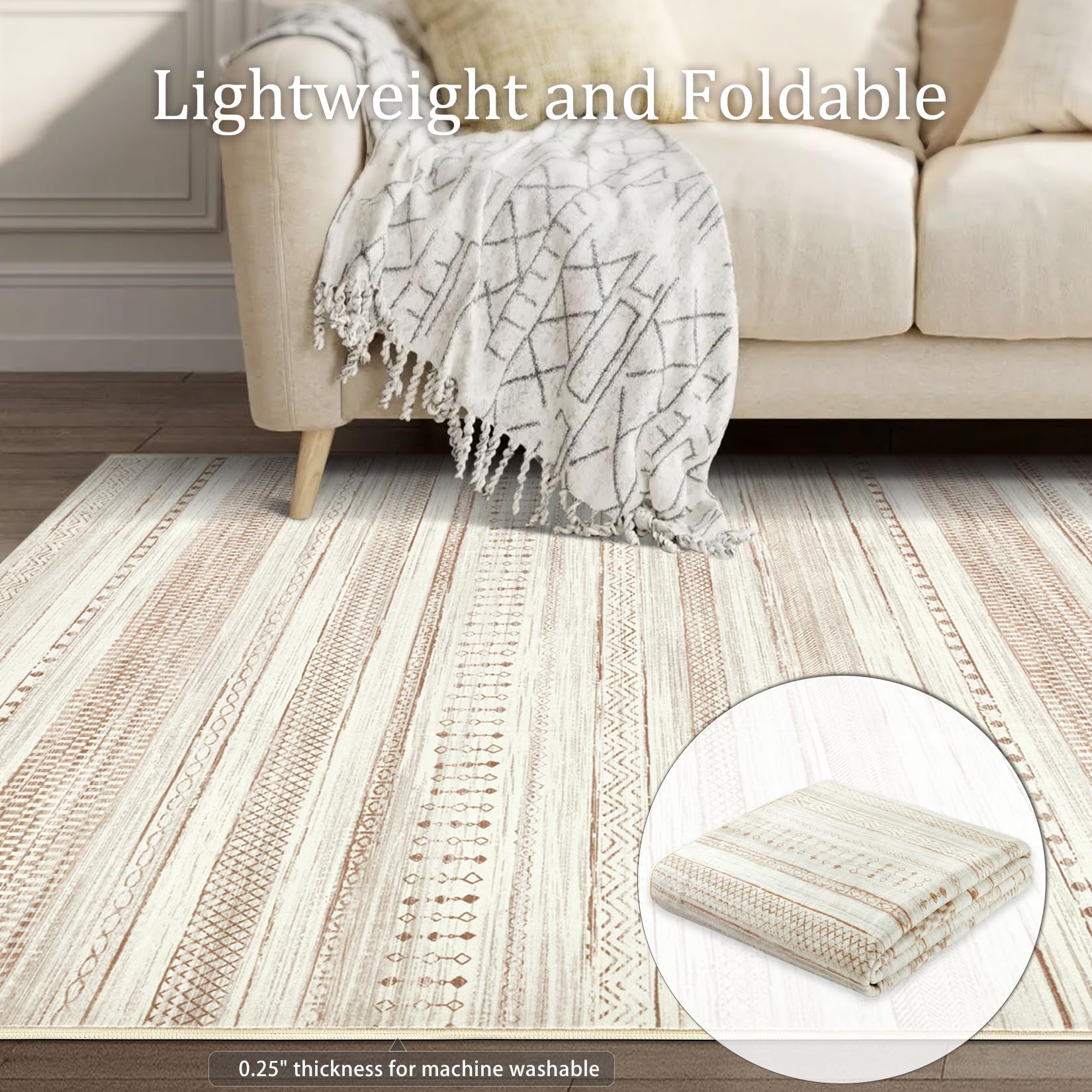Boraya rug next to sofa showing scale and fit for furniture placement