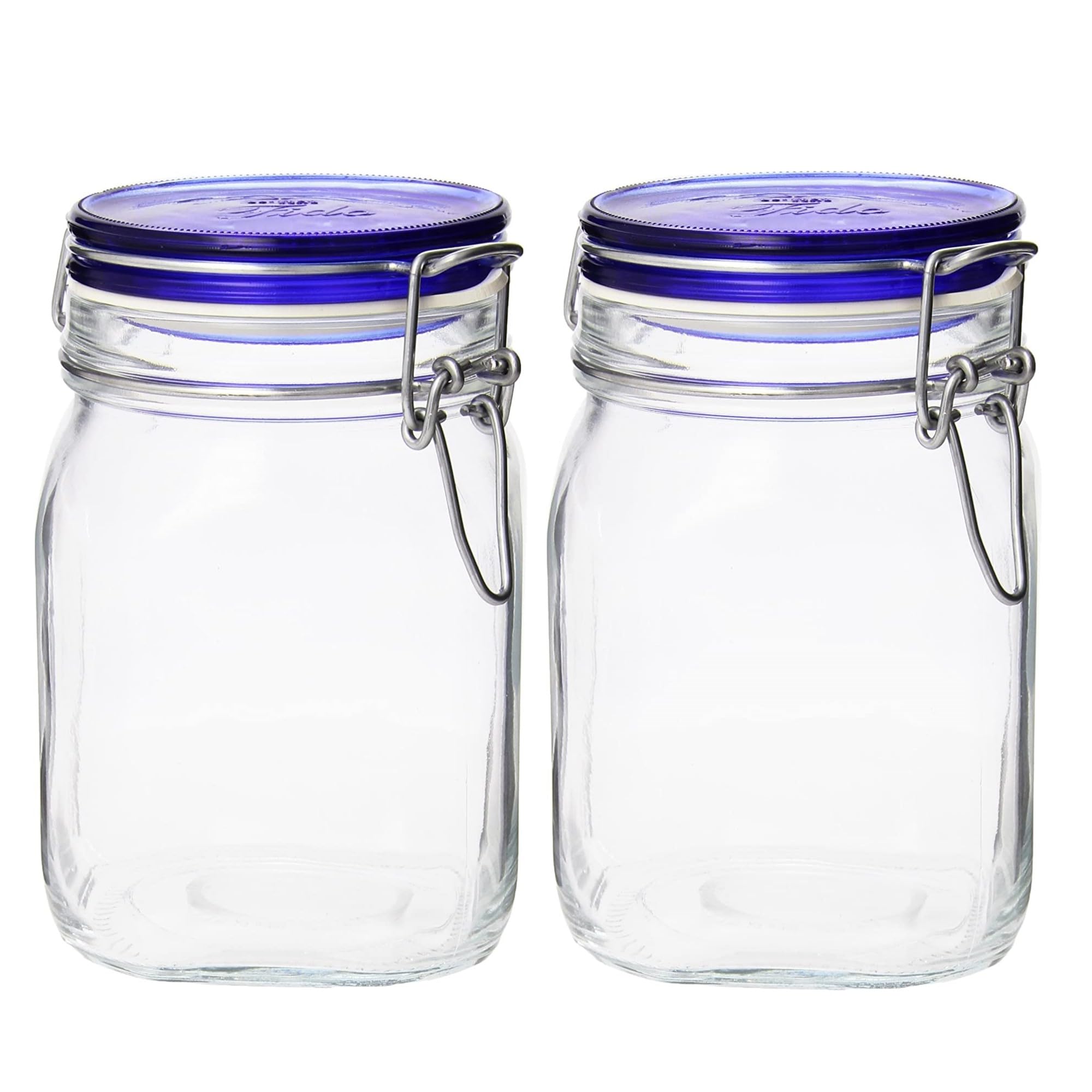 Bormioli Rocco front view of two Fido jars showing clear glass and blue bail lid for tidy storage