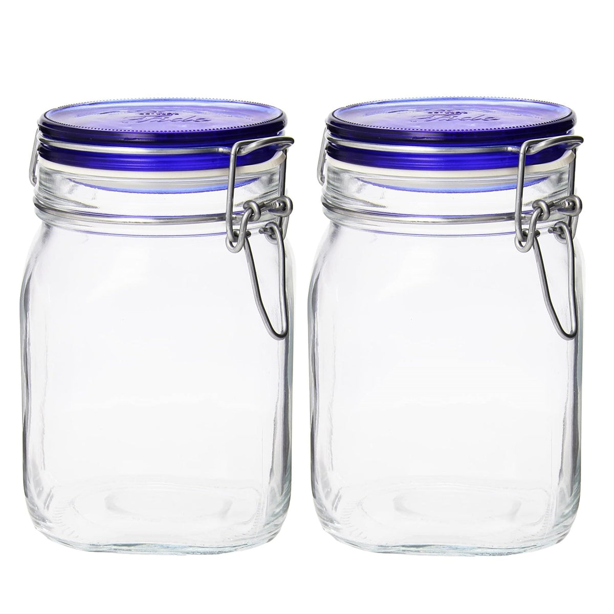 Bormioli Rocco front view of two Fido jars showing clear glass and blue bail lid for tidy storage