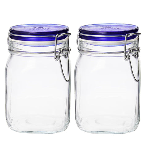 Bormioli Rocco front view of two Fido jars showing clear glass and blue bail lid for tidy storage