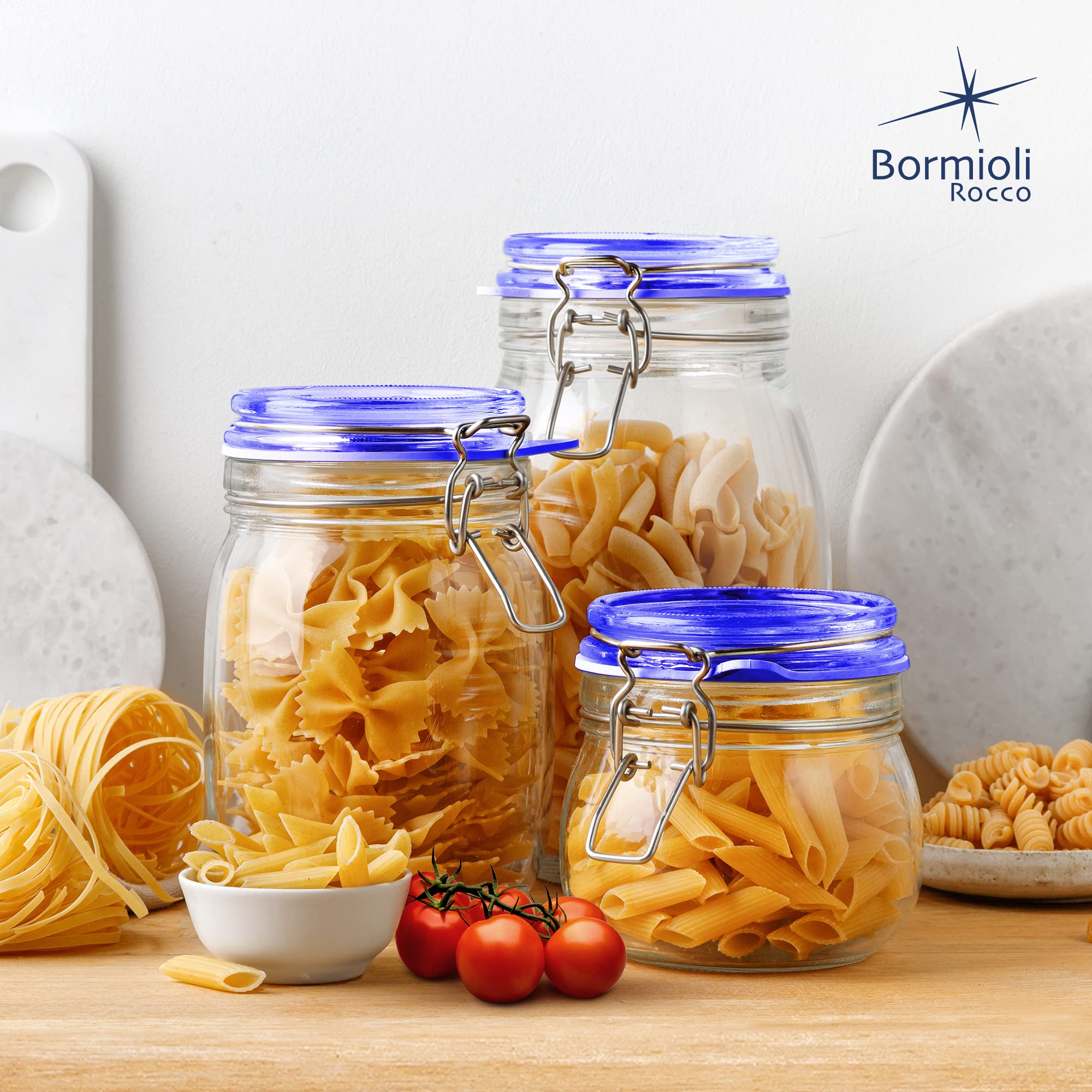 Bormioli Rocco jar held in hand for scale to illustrate 33.75 oz capacity and practical size