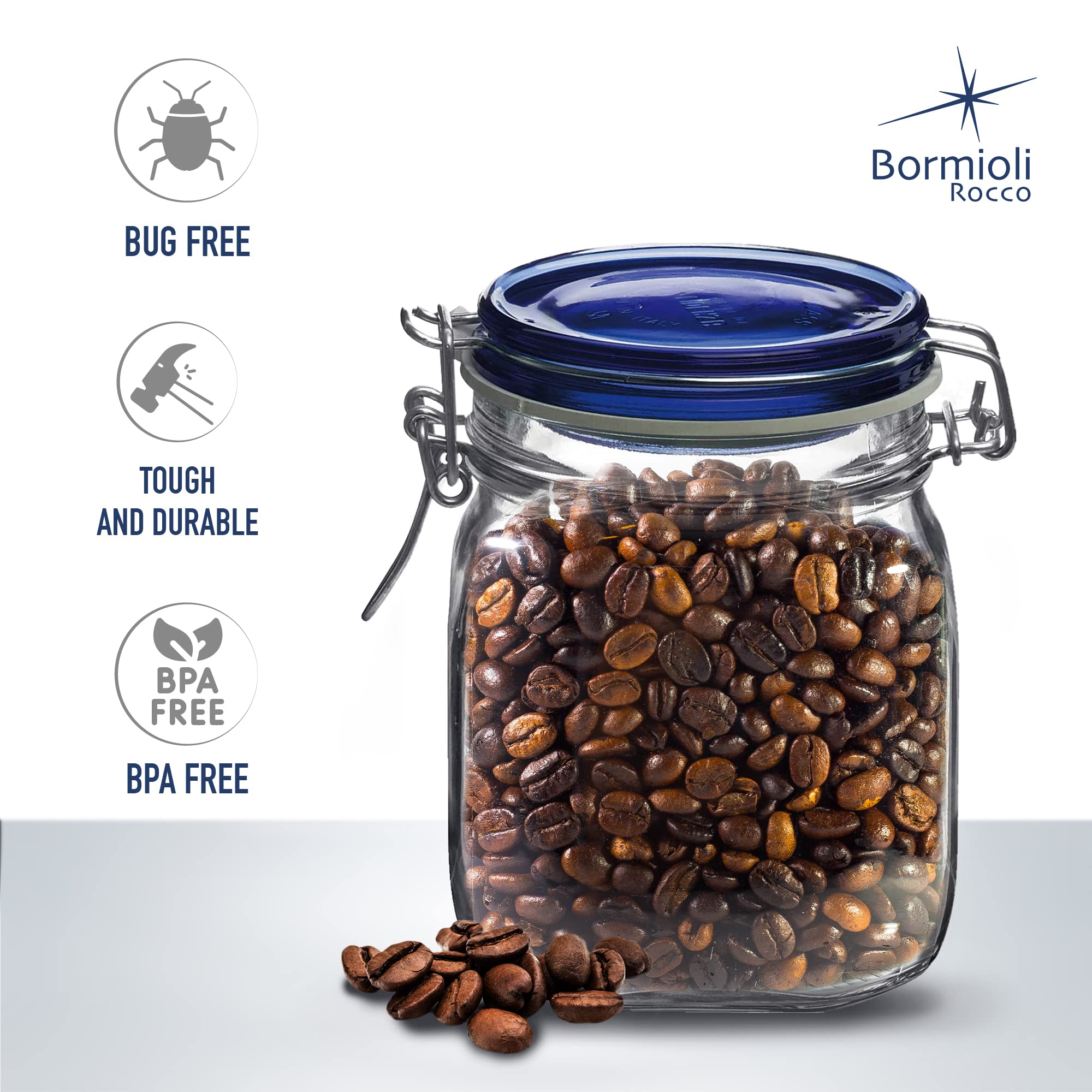 Bormioli Rocco side profile of square jar highlighting space-saving shape and stackable organization