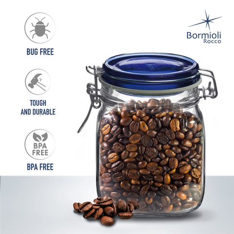 Bormioli Rocco side profile of square jar highlighting space-saving shape and stackable organization