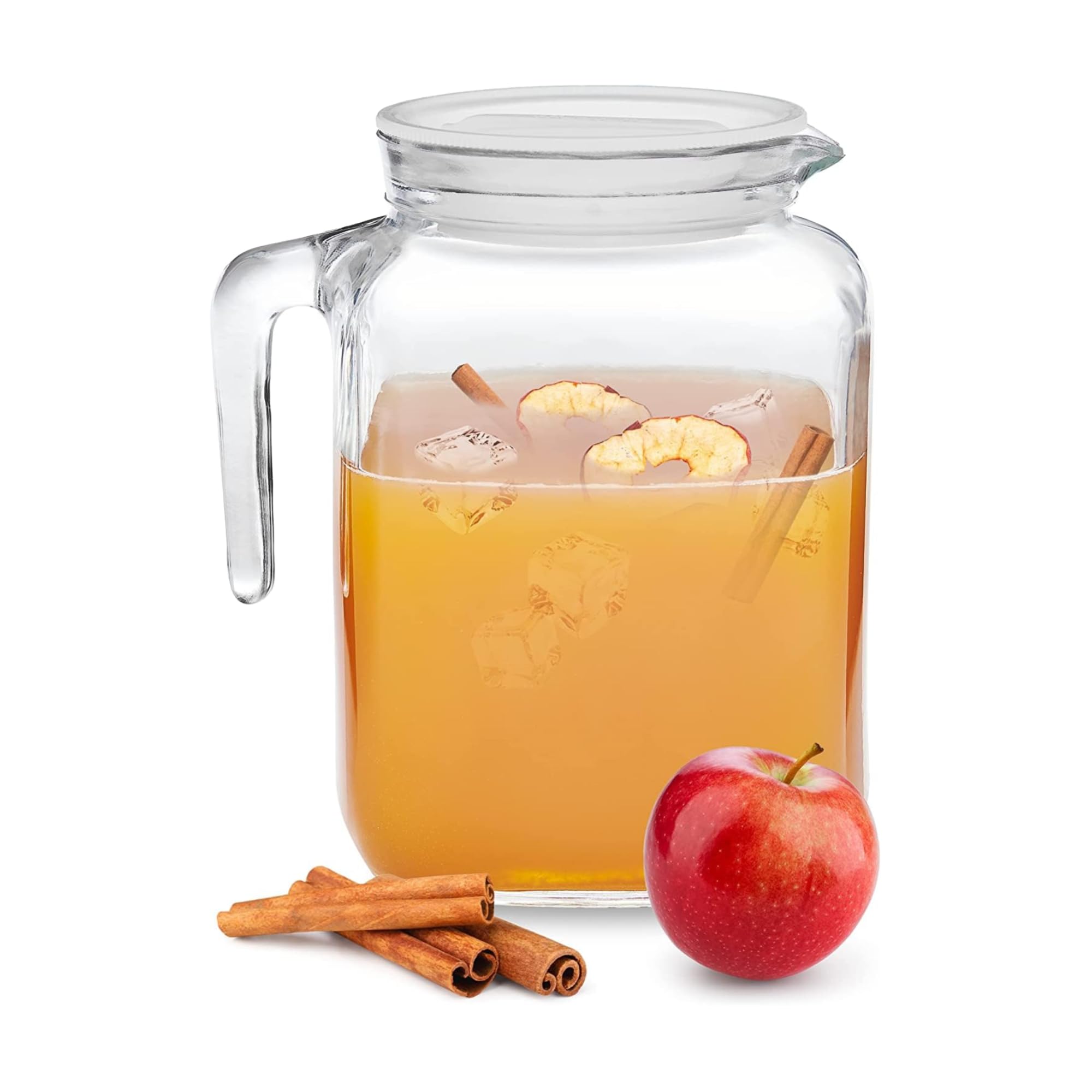 Bormioli Rocco front view clear pitcher showing clean silhouette and storage benefit