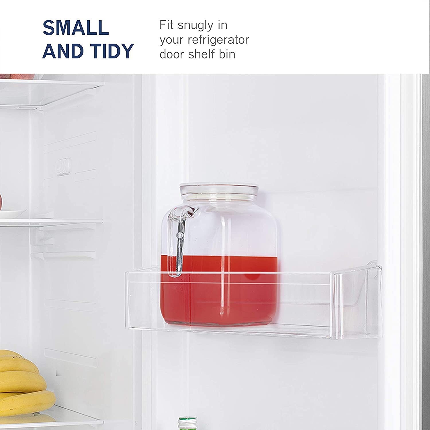 Bormioli Rocco pitcher inside refrigerator door showing compact fridge-fit benefit