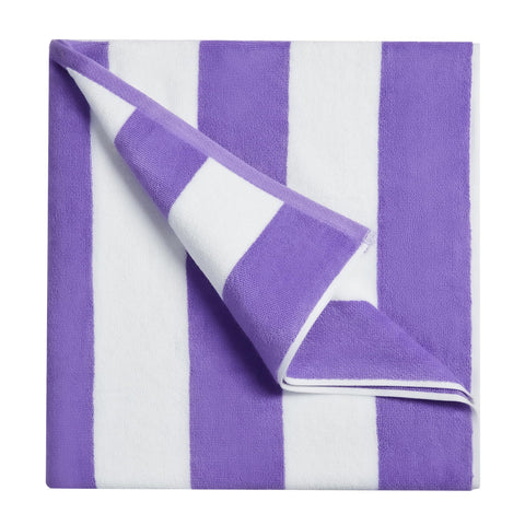 Bornbay front view of oversized beach towel showing wide purple stripes and coverage benefit