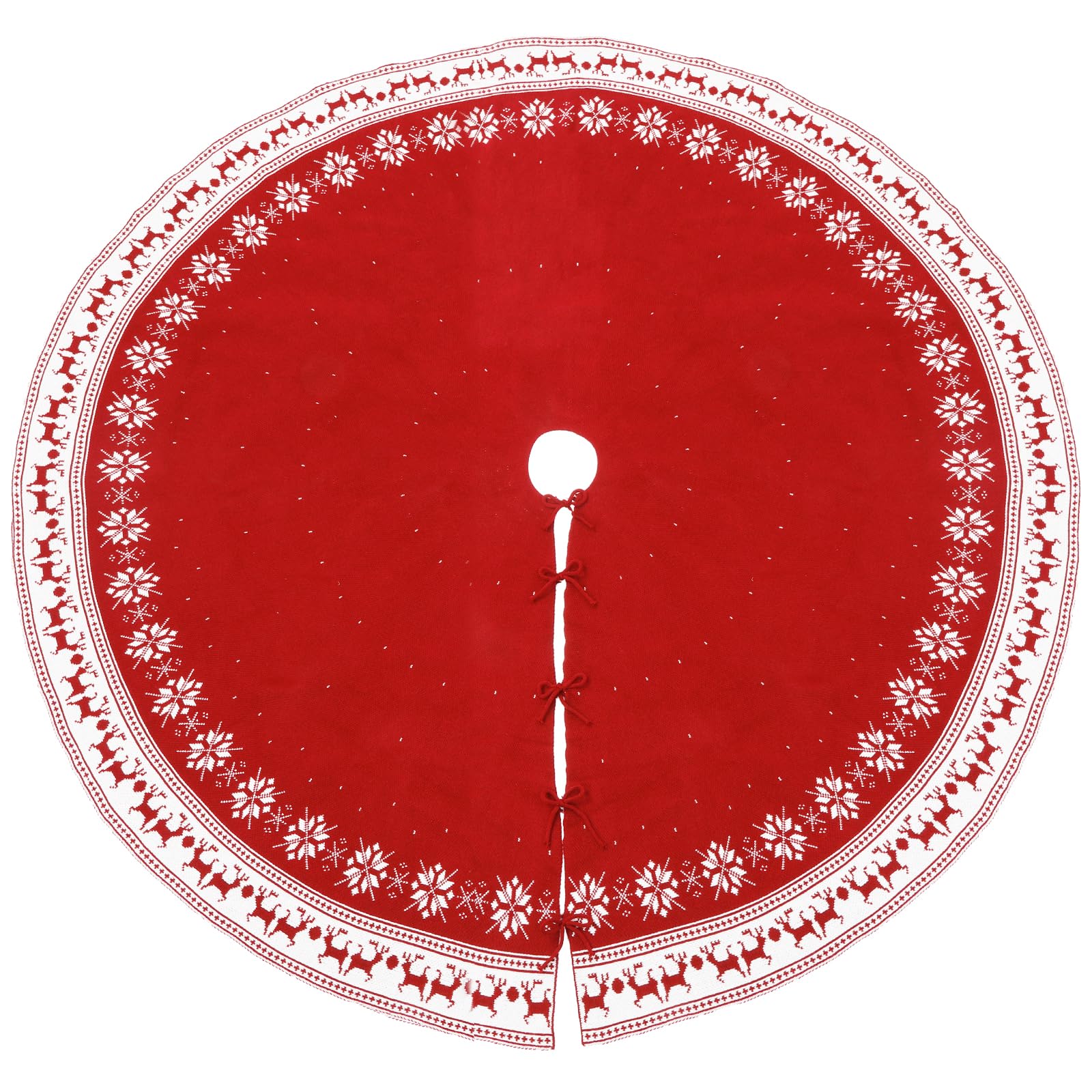 Bornerwhite front view of red tree skirt hides stand and adds festive base