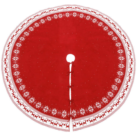 Bornerwhite front view of red tree skirt hides stand and adds festive base