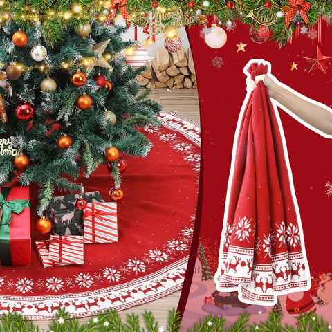 Bornerwhite tree skirt under decorated tree creating tidy gift display