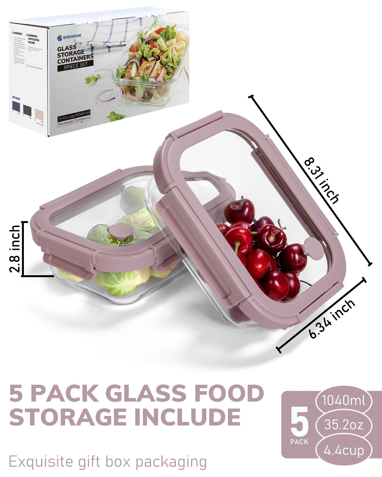 BOROHOUSE glass container front view with lid highlighting clear contents visibility