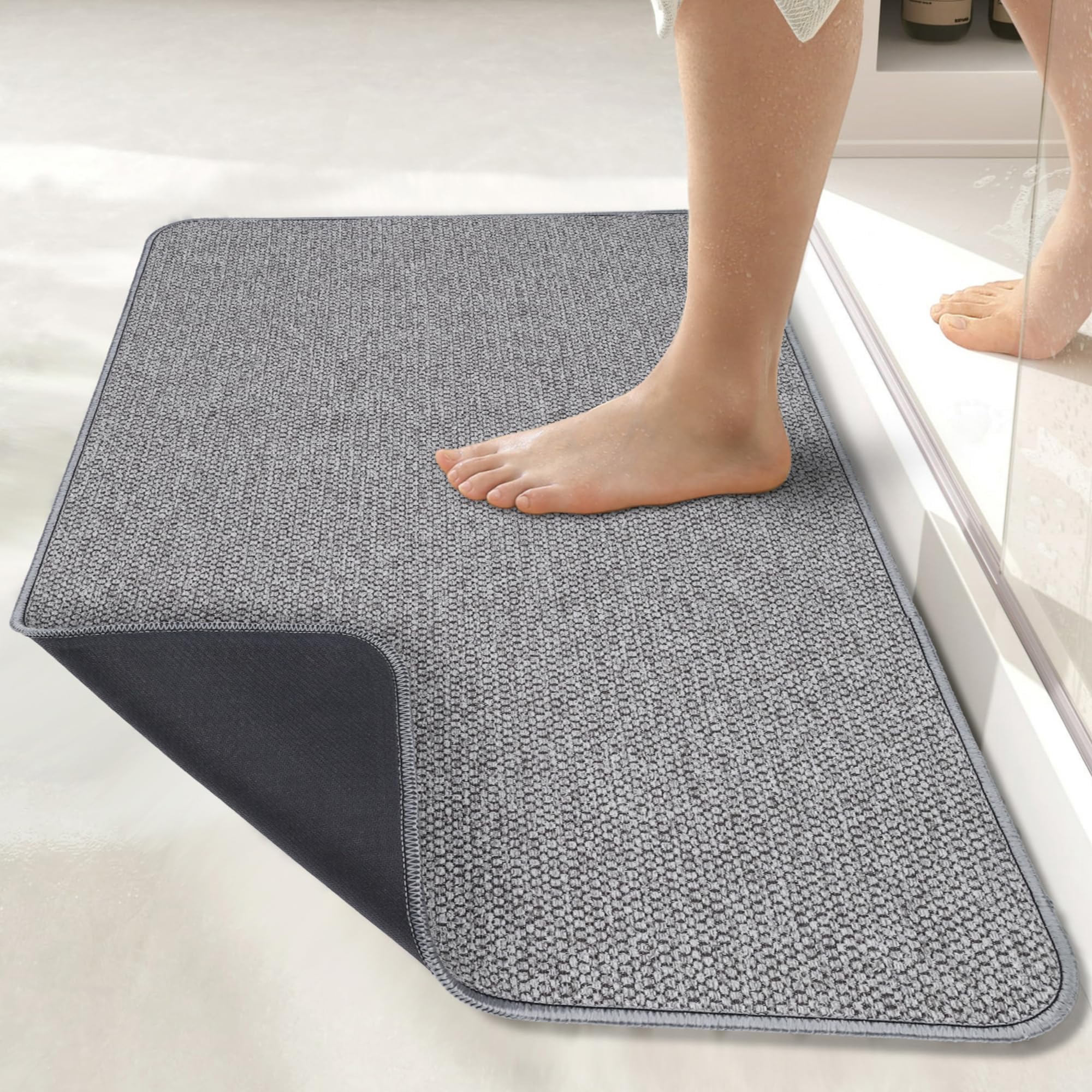 Bosap front view of grey bath mat showing clean minimalist style and absorbency
